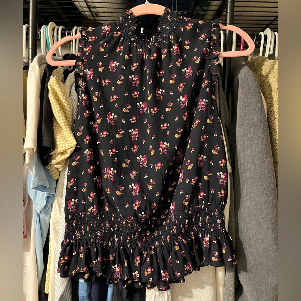 J. Crew Black Blouse with Pink Floral Pattern